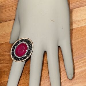 Red Gemstone and Sterling Silver Statement Ring with Double Halo. Size 8